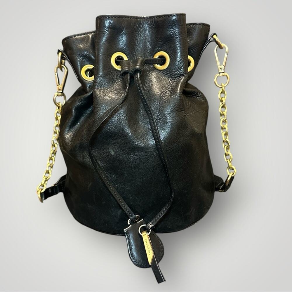 Tahari Black Leather Gold Chain Crossbody Bucket Bag - Picture 4 of 6